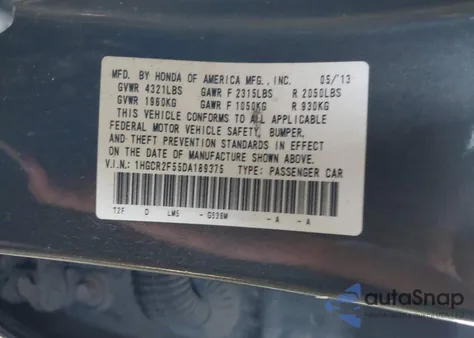 2013 Honda Accord Sport из США, поврежденный, VIN 1HGCR2F55DA189375